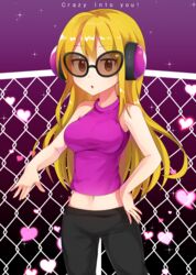  black_pants blonde_hair breasts chain-link_fence crop_top female fence headphones heart kaoling large_breasts long_hair looking_at_viewer midriff minna_no_rhythm_tengoku navel pants parted_lips purple_shirt rhythm_tengoku shirt sleeveless so&#039;ra solo sunglasses 