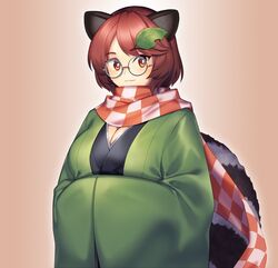  animal_ears breasts bright_pupils brown_eyes brown_hair cleavage closed_mouth female futatsuiwa_mamizou glasses highres large_breasts leaf leaf_on_head long_sleeves looking_at_viewer raccoon_ears raccoon_girl raccoon_tail round_eyewear short_hair smile solo tail tarmo touhou white_pupils 