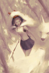  alex_chow armband armpits black_hair black_shirt black_skirt closed_eyes commentary earrings english_commentary facepaint female forest fur_shirt holding holding_polearm holding_weapon hunting jewelry mononoke_hime moro_no_ichizoku nature necklace parted_lips photoshop_(medium) polearm san_(mononoke_hime) scenery shirt short_hair skirt sleeveless sleeveless_shirt spear standing tooth_necklace tree undershirt weapon white_shirt wolf 