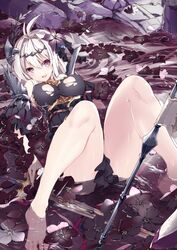  218 ahoge bare_shoulders barefoot black_flower dark_jeanne female flower granblue_fantasy hair_intakes hair_ornament jeanne_d&#039;arc_(granblue_fantasy) legs long_hair partially_submerged red_eyes solo torn_clothes wet white_hair 