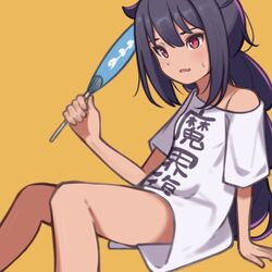  black_hair braid clothes_writing dark-skinned_female dark_skin female hair_flaps hand_fan holding holding_fan jahy jahy-sama_wa_kujikenai! long_hair oversized_clothes oversized_shirt paper_fan red_eyes shirt short_sleeves sitting solo sweat white_shirt yellow_background yomogi_uehara 