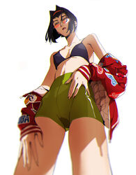  absurdres bike_shorts bra breasts cowboy_bebop faye_valentine female from_below green_eyes hairband highres il_kwang_kim looking_at_viewer looking_down looking_over_eyewear medium_breasts navel orange_hairband purple_hair red-tinted_eyewear red_lips short_hair shorts simple_background solo sunglasses tinted_eyewear underwear 