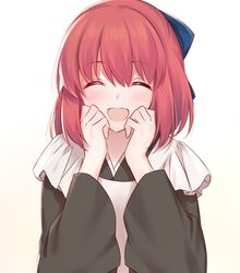  apron black_kimono blue_bow blush bow closed_mouth commentary female hair_between_eyes hairbow half_updo hands_on_own_face happy highres japanese_clothes kimono kohaku_(tsukihime) maid maid_apron nemu_mohu open_mouth red_hair short_hair simple_background smile solo tongue tsukihime upper_body wa_maid white_apron white_background wide_sleeves 