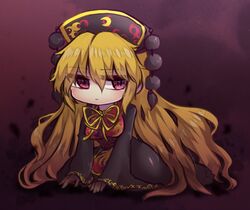  :| black_sleeves blonde_hair breasts chinese_clothes closed_mouth commentary_request female fox_print hair_between_eyes hands_on_ground highres junko_(touhou) large_breasts long_hair long_sleeves looking_to_the_side neck_ribbon obi phoenix_crown purple_background red_eyes ribbon sash simple_background sitting slit_pupils solo tabard touhou unime_seaflower wariza wide_sleeves yellow_ribbon 