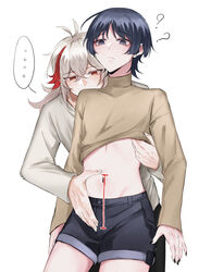  2boys ? ?? angelus_(eigna_gie) black_shorts bow clothes_lift from_behind genshin_impact grey_sweater highres kaedehara_kazuha long_sleeves male_focus midriff multicolored_hair multiple_boys navel penis_measuring purple_eyes purple_hair red_bow red_hair scaramouche_(genshin_impact) shirt_lift shorts stomach streaked_hair sweater white_hair 