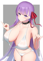  bare_shoulders bb_(fate) bb_(fate/extra) blush breasts breasts_apart cleavage commentary_request fate/extra fate/extra_ccc fate_(series) female hair_ribbon highres kitajima_yuuki large_breasts long_hair looking_at_viewer partial_commentary purple_eyes purple_hair red_ribbon ribbon solo thighs very_long_hair 