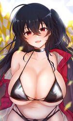  azur_lane bad_id bad_twitter_id bikini black_bikini black_hair blush breasts checkered_background choker cleavage collar collarbone commentary emirio_(emirio110) female hair_between_eyes highres jacket large_breasts long_hair looking_at_viewer midriff navel off_shoulder official_alternate_costume one_side_up open_clothes open_jacket open_mouth red_eyes red_jacket skindentation solo swimsuit taihou_(azur_lane) taihou_(enraptured_companion)_(azur_lane) 