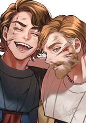  2boys anakin_skywalker animification beard blonde_hair blood blue_eyes closed_eyes facial_hair happy male_focus mature_male multiple_boys obi-wan_kenobi open_mouth pensan scar scar_across_eye simple_background star_wars star_wars:_the_clone_wars teeth white_background 