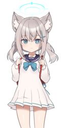  aged_down alternate_costume animal_ear_fluff animal_ears backpack bad_id bad_pixiv_id bag blue_archive blue_bow blue_eyes blue_sailor_collar bow commentary crime_prevention_buzzer dress extra_ears female goyain grey_hair hair_between_eyes hair_ornament halo hands_up highres holding_strap long_hair long_sleeves mismatched_pupils puffy_long_sleeves puffy_sleeves randoseru sailor_collar sailor_dress school_uniform shiroko_(blue_archive) signature simple_background solo twintails white_background white_dress wolf_ears 