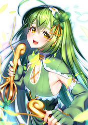  :d ahoge armpits blush dual_wielding elbow_gloves female fingerless_gloves fingernails flat_chest flower_knight_girl gloves green_gloves green_hair green_nails green_theme hair_ornament hairband head_tilt highres holding leaf_lsd long_hair looking_at_viewer mint_(flower_knight_girl) nail_polish name_connection object_namesake open_mouth reverse_grip simple_background smile solo thick_eyebrows upper_body white_background white_hairband yellow_eyes 