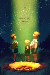  3boys blonde_hair buzz_buzz highres male_focus meteor mother_(game) mother_2 multiple_boys ness_(mother_2) night night_sky picky_minch porky_minch shifumame short_hair sky star_(sky) starry_sky tree 