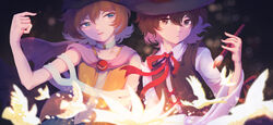  2others androgynous bare_shoulders bird black_eyes black_hair black_headwear black_vest blouse blue_eyes blue_skirt bow brown_hair brush calligraphy_brush cape cine_hamal collared_shirt detached_sleeves dove enraku_tsubakura hat highres holding holding_brush hotaru_kago juliet_sleeves kuzu_suzumi large_hat len&#039;en long_sleeves multiple_others neck_ribbon other_focus paintbrush puffy_sleeves purple_cape red_bow red_ribbon ribbon shirt short_hair short_sleeves skirt smile top_hat turban upper_body vest white_bird white_shirt yellow_vest 