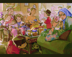  6+boys 6+girls animal_print armchair bear_print black-framed_eyewear black_headwear blue_headwear blush bracelet cellphone chair closed_eyes closed_mouth cup cushion drawing_(object) eating eid_mubarak english_commentary family feline floral_print flower food glasses green_headwear hand_on_another&#039;s_cheek hand_on_another&#039;s_face hat hijab holding holding_phone hug indoors jewelry long_hair long_sleeves looking_at_another loveariddle malay_commentary malaysian_clothes multiple_boys multiple_girls muslim open_mouth original pants phone pink_pants pink_shirt purple_flower red_shirt shirt sitting smartphone smile songkok table white_headwear window 