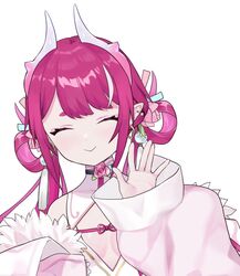  chinese_clothes cleavage_cutout closed_eyes clothing_cutout dragon_girl dragon_horns female fur_trim highres horns indie_virtual_youtuber jacket long_hair low_twintails natsuiro_xx pink_jacket pinky_(vtuber) sleeves_past_wrists thick_eyebrows twintails upper_body virtual_youtuber white_background 