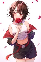  arm_behind_back bare_shoulders belt black_jacket black_shorts brown_hair cowboy_shot crop_top female flower highres holding holding_flower iris_black_games jacket kisaragi_ren_(vtuber) midriff multicolored_hair navel off_shoulder open_clothes open_jacket petals red_eyes red_flower rose shirt short_hair short_shorts shorts sleeveless sleeveless_shirt smile solo streaked_hair toki_(toki_ship8) virtual_youtuber vspo! white_shirt 