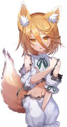  ametama_(runarunaruta5656) animal_ear_fluff animal_ears between_legs blonde_hair blood blood_on_face burnt_clothes commentary_request cowboy_shot female fox_ears fox_girl fox_tail green_ribbons hair_between_eyes hand_between_legs hand_on_own_shoulder highres injury kudamaki_tsukasa looking_at_viewer messy_hair navel open_mouth puffy_short_sleeves puffy_sleeves ribbon romper short_sleeves simple_background solo standing stomach tail torn_clothes touhou white_background white_romper yellow_eyes 