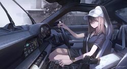  absurdres baseball_cap blonde_hair blue_dress car car_interior commentary dress driving earrings english_commentary female gear_shift glock gps gun handgun hat highres jewelry koh_(minagi_kou) long_hair looking_at_viewer motor_vehicle original parted_lips porsche porsche_911 rain right-hand_drive seatbelt short_sleeves sidelocks signature sitting solo sports_car steering_wheel stud_earrings sunroof watch weapon white_hat wristwatch 