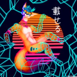  1:1 5_fingers abstract_background anthro blue_hair candy_gore canid canine danji-isthmus fingers floating fox fur gore grid hair heart_eyes heart_symbol hi_res japanese_text looking_at_viewer male mammal multicolored_eyes orange_body orange_fur rainbow_eyes short_hair slim solo synthwave text 