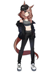  animal_ears bare_shoulders baseball_cap black_hat black_jacket black_pants boc&#039;z_(umamusume) breasts brown_hair commentary_request ears_through_headwear female full_body grey_sports_bra hat highres horse_ears horse_girl horse_tail jacket jacket_partially_removed matikane_tannhauser_(boc&#039;z)_(umamusume) matikane_tannhauser_(umamusume) medium_breasts medium_hair midriff mochiyukimi21 multicolored_hair navel official_alternate_costume pants shoes sneakers solo sports_bra streaked_hair tail umamusume white_footwear yellow_eyes 