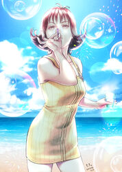  beach blowing_bubbles breasts brown_hair cloud dated dress female final_fantasy final_fantasy_viii flipped_hair green_eyes highres looking_at_viewer non_(nonbiriya_mini) ocean selphie_tilmitt short_hair skirt solo yellow_dress yellow_overalls zipper_dress 