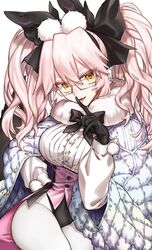  animal_ear_fluff animal_ears black_gloves black_ribbon breasts fate/grand_order fate_(series) female fox_ears fox_girl fox_tail glasses gloves hair_ribbon highres koyanskaya_(assassin)_(second_ascension)_(fate) koyanskaya_(fate) koyuki_suzu large_breasts leotard long_hair looking_at_viewer oerba_yun_fang open_mouth pink_hair rabbit_ears ribbon simple_background solo tail tamamo_(fate) twintails white_background white_leotard yellow_eyes 