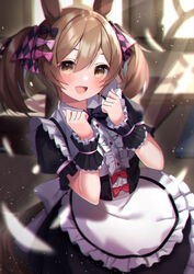  :d amahara_pekozaemon animal_ears apron black_bow black_dress blurry blurry_background bow brown_eyes brown_hair center_frills collared_shirt commentary_request day depth_of_field dress female frilled_apron frills hands_up highres horse_ears horse_girl horse_tail indoors looking_at_viewer puffy_short_sleeves puffy_sleeves red_bow shirt short_sleeves smart_falcon_(umamusume) smile solo sunlight tail twintails umamusume waist_apron white_apron white_shirt wrist_cuffs 