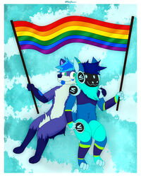  4:5 anthro banner blue_tongue canid canine duo flag flag_(object) fox fur green_eyes hi_res holding_banner holding_flag holding_object itsflamb_(artist) itsflamb_(character) lgbt_pride machine male male/male mammal pride_color_banner pride_color_flag pride_colors protogen purple_body purple_fur rainbow_flag rainbow_pride_colors rainbow_pride_flag rainbow_symbol six-stripe_rainbow_pride_colors tongue zeitheron 