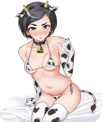  animal_collar animal_ears animal_print bed bell bikini black_hair blush breasts collar commentary_request cow_horns cow_print cow_print_bikini cowbell detached_sleeves fake_animal_ears fake_horns feet_out_of_frame female highres horns idolmaster idolmaster_cinderella_girls matsuo_chizuru medium_breasts midriff navel partial_commentary print_bikini shirota_mizuki short_hair solo swimsuit thick_eyebrows thighhighs 