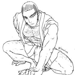  1boy bara bare_pectorals beard bulge buzz_cut chest_hair facial_hair full_body fundoshi golden_kamuy greyscale hairy hand_on_floor happi isomine japanese_clothes large_pectorals long_sideburns looking_at_viewer male_focus mature_male monochrome muscular muscular_male pectorals sanpaku scar scar_on_cheek scar_on_face serious short_hair sideburns solo squatting tanigaki_genjirou thick_eyebrows tied_sleeves very_short_hair 