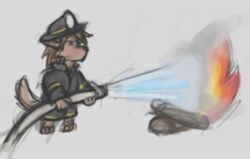  anthro brown_body brown_fur brown_hair canid canine canis chibi clothing fire firefighter fur hair hose male mammal metaphor seff_(artist) solo twokinds wolf zen_(twokinds) 