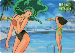  1980s_(style) 2girls :o arms_up back beach_chair beach_umbrella blue_eyes blue_sky brown_hair card_(medium) casual_one-piece_swimsuit cone_horns copyright_name day eyeshadow feet_out_of_frame floating_hair green_hair green_one-piece_swimsuit highres horns long_hair lum makeup miyake_shinobu multiple_girls navel non-web_source official_art one-piece_swimsuit oni outdoors palm_tree pool pool_ladder retro_artstyle scan short_hair sky standing swimsuit tree umbrella urusei_yatsura water 