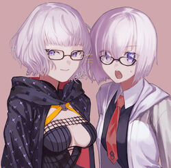  2girls artist_name breasts cleavage cloak commentary dated fate/grand_order fate_(series) glasses highres hood hood_down hooded_cloak ituki jacket jacques_de_molay_(foreigner)_(fate) jacques_de_molay_(foreigner)_(second_ascension)_(fate) mash_kyrielight medium_breasts multiple_girls necktie purple_eyes smile symbol-only_commentary 