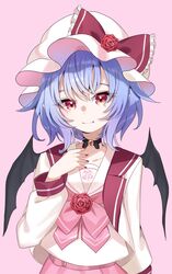  alternate_costume ametama_(runarunaruta5656) arm_up bat_wings black_choker blush bow choker collarbone diamond-shaped_pupils diamond_(shape) fang_out female flat_chest flower frilled_bow frills hat hat_bow hat_ribbon highres long_sleeves looking_at_viewer mob_cap nail_polish oerba_yun_fang pink_background pink_skirt purple_hair red_bow red_eyes red_nails red_ribbon remilia_scarlet ribbon rose shirt short_hair simple_background skirt smile solo standing symbol-shaped_pupils touhou upper_body white_shirt wings 