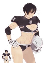  1boy abs american_football_helmet american_football_uniform bikini black_bikini black_hair breath brown_eyes elbow_pads female gloves hair_between_eyes hand_on_own_hip hanpetos helmet holding levi_(shingeki_no_kyojin) mikasa_ackerman muscular muscular_female navel parted_lips scar scar_on_face shingeki_no_kyojin short_hair simple_background sportswear sweat swimsuit tomboy unworn_headwear unworn_helmet white_background white_gloves 