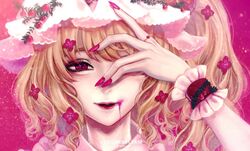  artist_name blonde_hair blurry bokeh covering_one_eye cranberry curly_hair depth_of_field dripping eyebrows_hidden_by_hair eyelashes fang_out female fingernails flandre_scarlet flower flower_request frills hand_over_eye hand_up hat highres jewelry kyogoku-uru light_particles light_smile lips long_fingernails medium_hair mob_cap nail_polish nostrils oerba_yun_fang one_side_up parted_lips pink_background pink_nails portrait realistic red_eyes red_flower ring simple_background slit_pupils solo touhou white_hat wrist_cuffs 