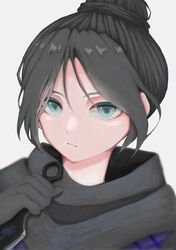  animification apex_legends black_bodysuit black_hair black_scarf bodysuit female grey_eyes hair_bun highres holding holding_knife hope&#039;s_dusk_(apex_legends) knife kunai looking_at_viewer nano_(nanoion77) parted_bangs portrait scarf single_hair_bun solo weapon wraith_(apex_legends) 