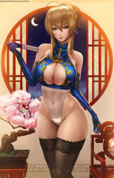  ahoge artoria_pendragon_(fate) artoria_pendragon_(lancer)_(fate) black_thighhighs blonde_hair blue_gloves blurry blurry_background bonsai braid braided_bun breasts chair china_dress chinese_clothes cleavage_cutout clothing_cutout covered_navel crescent_moon dress elbow_gloves fate/grand_order fate_(series) female folded_fan folding_fan gloves green_eyes hair_between_eyes hair_bun hand_fan highleg highleg_leotard highres holding holding_fan indoors large_breasts lattice leotard limgae moon night plant potted_plant round_window see-through short_hair sleeveless sleeveless_turtleneck sleeveless_turtleneck_leotard smile solo thighhighs turtleneck turtleneck_leotard watermark web_address window 