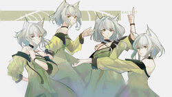  absurdres animal_ear_fluff animal_ears arknights black_choker cat_ears cat_girl character_name choker dress female green_dress green_eyes green_hair highres kal&#039;tsit_(arknights) material_growth naoel_(naoel_art) off-shoulder_dress off_shoulder oripathy_lesion_(arknights) see-through see-through_sleeves short_hair 