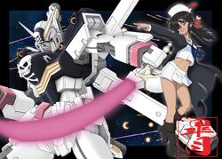  artist_logo ayakaze_satsuki beam_saber black_border black_coat black_eyes black_footwear black_hair blouse blue_neckerchief boots border bow coat commentary_request crossbone_gundam crossbone_gundam_x-1 crossover dark-skinned_female dark_skin dixie_cup_hat energy_sword eyes_visible_through_hair female girls_und_panzer gundam hair_over_one_eye hairbow hat hat_feather knee_boots long_coat long_hair long_sleeves mecha midriff military_hat miniskirt navel neckerchief ogin_(girls_und_panzer) ooarai_naval_school_uniform open_clothes open_coat open_mouth partial_commentary pirate pleated_skirt pointing ponytail red_bow robot sailor sailor_collar school_uniform shirt skirt skull_and_crossbones smile solo space standing standing_on_one_leg sword weapon white_hat white_shirt white_skirt 