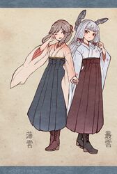  2girls alternate_costume black_hakama boots brown_eyes brown_hakama character_name commentary_request cross-laced_footwear full_body grey_hair hair_ribbon hakama hakama_skirt headgear holding_hands japanese_clothes kantai_collection kimono lace-up_boots long_hair meiji_schoolgirl_uniform multiple_girls murakumo_(kancolle) one_eye_closed orange_eyes orange_kimono ribbon short_eyebrows sidelocks skirt standing tress_ribbon usugumo_(kancolle) white_hair white_kimono wss_(nicoseiga19993411) 