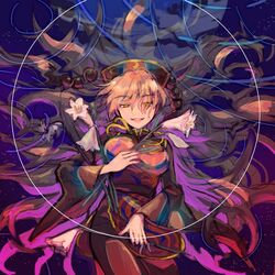  aura chinese_clothes commentary_request energy female flower fox_print highres junko_(touhou) lily_(flower) long_hair looking_at_viewer orange_hair phoenix_crown red_eyes smile socha solo tabard tassel touhou upper_body 