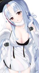  artist_name azur_lane bad_id bad_pixiv_id black_headwear breasts brown_eyes cleavage dress earrings elbow_gloves female fur gloves grey_hair highres jewelry long_hair looking_at_viewer medium_breasts megumi_kei multicolored_hair scarf solo standing tallinn_(azur_lane) white_background white_dress white_gloves white_scarf 