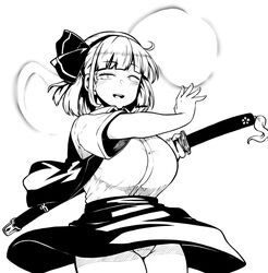  :d bad_id bad_twitter_id black_hairband breasts commentary_request female hairband highres himajin_noizu hitodama inactive_account katana konpaku_youmu konpaku_youmu_(ghost) large_breasts short_hair simple_background smile standing sword teeth touhou weapon white_background 