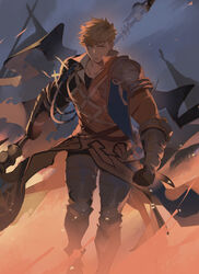  1boy armor axe bara black_gloves blonde_hair boots closed_mouth gloves granblue_fantasy green_eyes higashigunkan holding holding_axe holding_weapon injury knight large_pectorals looking_at_viewer male_focus muscular muscular_male outdoors pauldrons pectorals short_hair shoulder_armor single_pauldron solo vambraces vane_(granblue_fantasy) weapon 