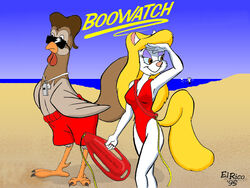  1995 4:3 4_fingers animaniacs anthro asphyxiation avian baywatch beach bird breasts brown_eyes bubble chicken chicken_boo cleavage clothed clothing drowning duo_focus el_rico eyewear female fingers galliform gallus_(genus) group lifeguard male mammal minerva_mink mink mustelid musteline one-piece_swimsuit parody phasianid rescue_buoy sand searching seaside signature sunglasses swimwear true_musteline warner_brothers whistle_(object) 