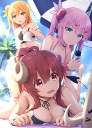  3girls ahoge bare_shoulders barefoot beach_umbrella bikini black_ribbon blue_sky blush breasts check_commentary chiyoda_momo choker cleavage cloud collarbone commentary_request curled_horns day demon_girl demon_horns demon_tail goribote hair_between_eyes hair_bun hair_ornament hair_ribbon hairclip hinatsuki_mikan horns large_breasts lilith_(machikado_mazoku) long_hair lotion lying machikado_mazoku multiple_girls on_stomach open_mouth orange_hair outdoors palm_tree pink_choker pink_hair ponytail red_eyes red_hair ribbon short_hair single_hair_bun single_side_bun sky statue sunscreen swimsuit tail tree twintails umbrella yoshida_yuuko_(machikado_mazoku) 