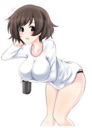  absurdres aikir_(jml5160) akiyama_yukari black_panties blush breasts brown_hair can casual cleavage drink_can female frown girls_und_panzer hand_in_own_hair highres holding holding_can impossible_clothes impossible_shirt leaning_forward long_sleeves looking_at_viewer messy_hair no_pants notice_lines panties shirt short_hair simple_background skindentation soda_can solo standing sweatdrop underwear white_background white_shirt 