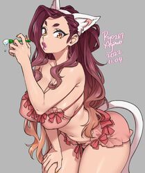  agawa_ryou animal_ear_fluff animal_ears armpit_crease artist_name bare_shoulders bent_over blowing_bubbles bow bow_bra bow_shorts bra breasts cat_ears cat_tail cleavage collarbone commentary covered_nipples cowboy_shot dated english_commentary fake_animal_ears fake_tail female flipped_hair frilled_bra frills gradient_hair grey_background hand_on_own_thigh hand_up huge_breasts light_brown_hair long_hair looking_at_viewer multicolored_hair nail_polish navel numbered orange_eyes orange_nails original parted_lips pink_bra pink_lips pink_shorts purple_hair short_eyebrows short_shorts shorts sidelocks simple_background skindentation solo tail thick_eyebrows thick_thighs thighs two-tone_hair underwear very_long_hair wavy_hair 