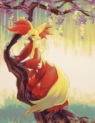  1other against_tree animal_ear_fluff closed_mouth commentary_request day delphox full_body furry fusenryo head_rest highres looking_at_viewer outdoors pokemon pokemon_(creature) smile solo standing tree 