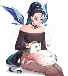  absurdres animal_on_lap aniroud bare_shoulders black_hair black_nails brown_pants brown_shirt closed_mouth colored_inner_hair detached_wings female forehead fox green_hair hair_between_eyes heart highres k/da_all_out_kai&#039;sa kai&#039;sa league_of_legends long_hair long_sleeves looking_at_animal multicolored_hair nail_polish off-shoulder_shirt off_shoulder on_lap pants petting ponytail purple_eyes shirt smile solo two-tone_hair very_long_hair white_background wings 